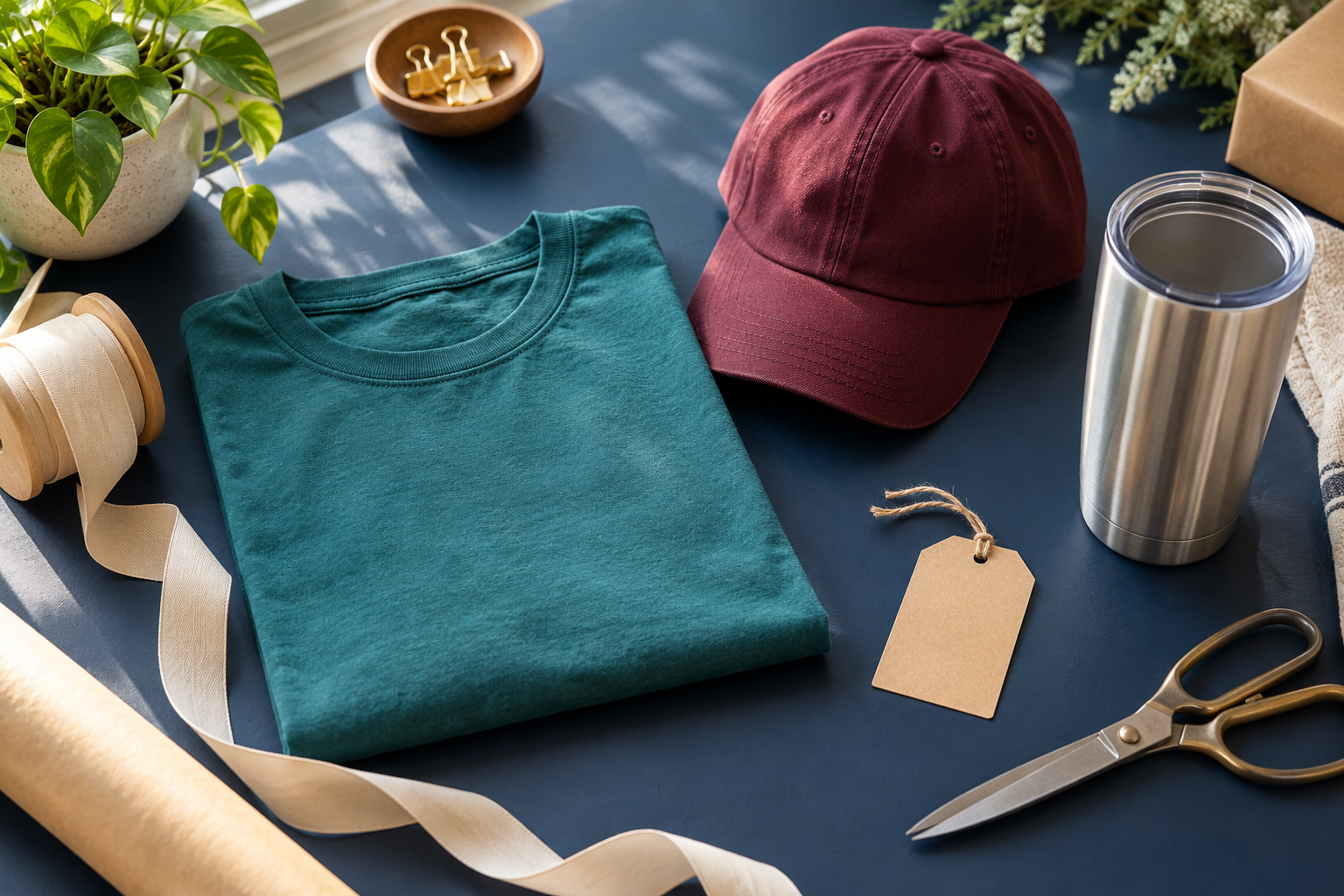 Illustrative craft workspace with a blank shirt, cap, tumbler, ribbon, and gift tag